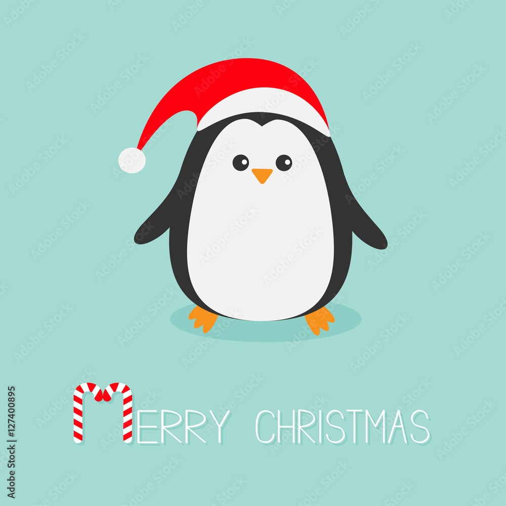 Obraz premium Kawaii Penguin wearing Santa red hat. Cute cartoon character. Flat design Winter antarctica bluebackground Merry Christmas Candy cane text. Greeting card.