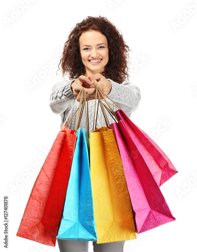 Happy woman holding shoppin...
