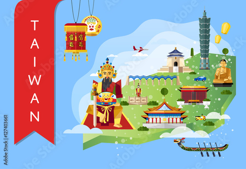 Taiwan famous landmarks and travel map with ancient god statue on blue background, vector illustration. Time to travel concept. Asian architecture attractions and traditional symbols in flat design.