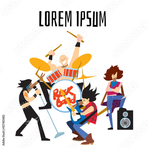 Rock band, music group with musicians concept of artistic people vector illustration. Singer, guitarist, drummer, and bassist isolated characters performing on stage. Rock star music concert.