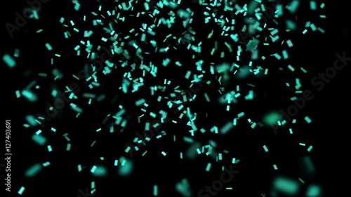 Animation of shooting and falling turquoise confetti (alpha channel included). Depth of field. 4k