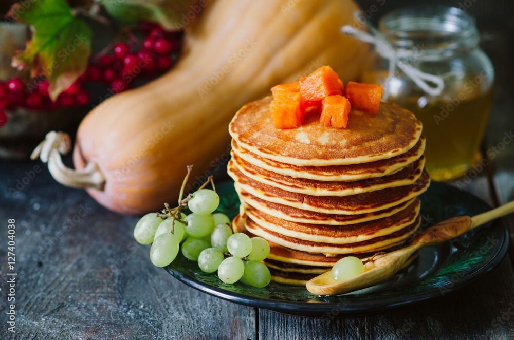 Autumn breakfast with pumpkin pancakes Autumn breakfast with pumpkin pancakes