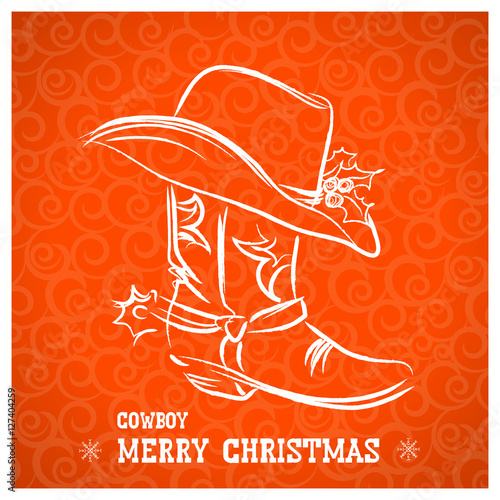 Cowboy merry christmas with cowboy boot and western hat