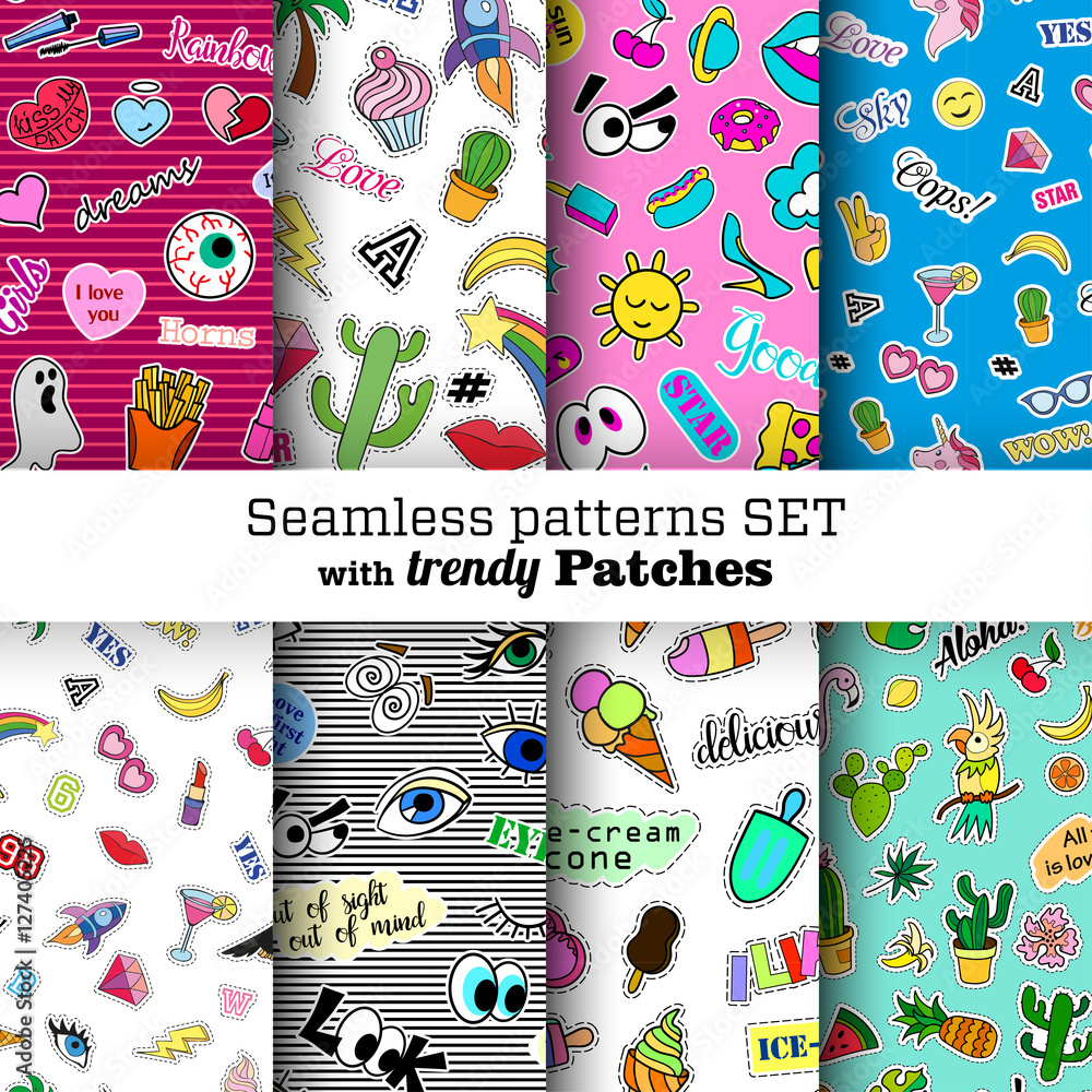 Fototapeta premium Seamless patterns set with fashion patch badges. Pop art. Stickers, pins, patches in cartoon 80s-90s comic style. Trendy. Vector clip-art.