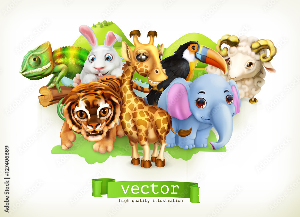 Funny animal group. Cute giraffe, small tiger, baby elephant, chameleon, toucan, happy bunny