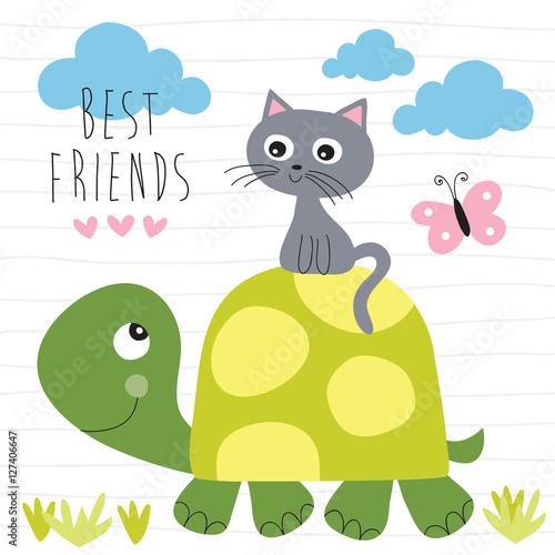 cat and turtle best friends vector illustration