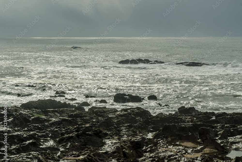 stormy dramatic marine scenery in the mouth of the river Douro in the city of Oporto in Portugal