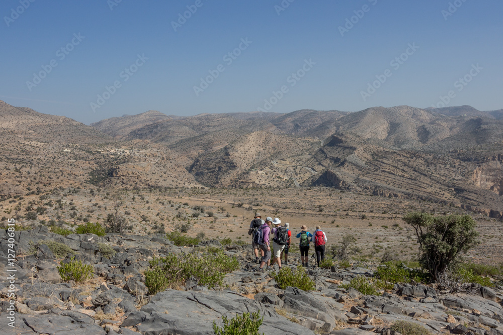 Hiking in the Jabal Akhdar mountains, northern Oman, towards the village of Ar'Roos.