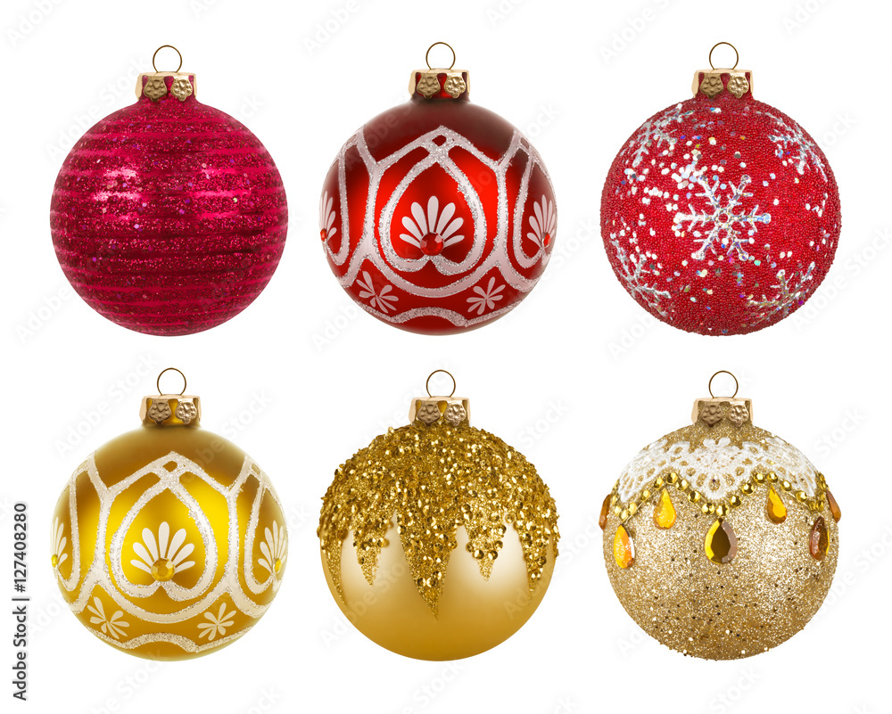 Red and golden colorful Christmas balls isolated on white background Red and golden colorful Christmas balls isolated on white background