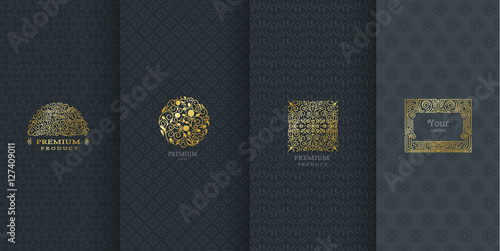 Collection of design elements,labels,icon,frames, for packaging,design of luxury products.Made with golden foil.Isolated on black background. vector illustration