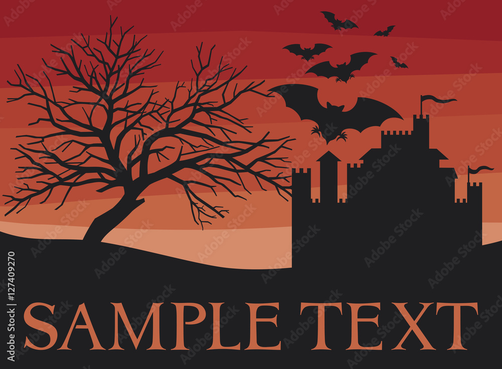 bats, scary black tree and old castle (halloween night background)