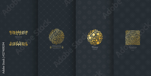 Collection of design elements,labels,icon,frames, for packaging,design of luxury products.Made with golden foil.Isolated on black background. vector illustration