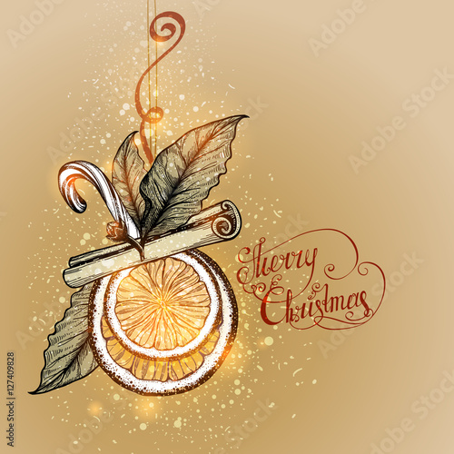 Christmas Toy made from natural materials. Holiday background. Slices of orange, cloves, bay leaf, cinnamon, candy. Vector illustration.