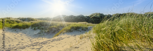 Sommerliche Dünenlandschaft auf norddeutscher Insel mit Sonnenstrahlen | Nordsee - Banner 
