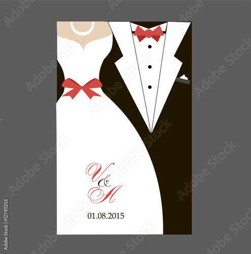 bride and groom Wedding invitation. Wedding invitation card. Black and white with red ribbon