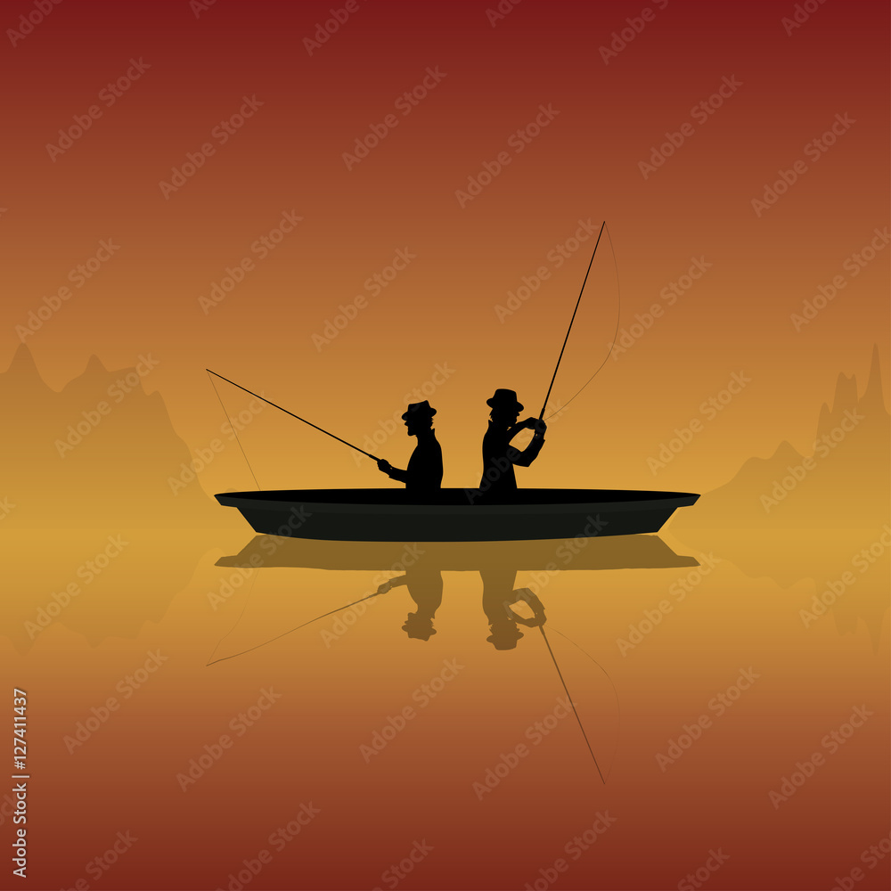 The silhouette of two figures in a boat, fishing rods poised