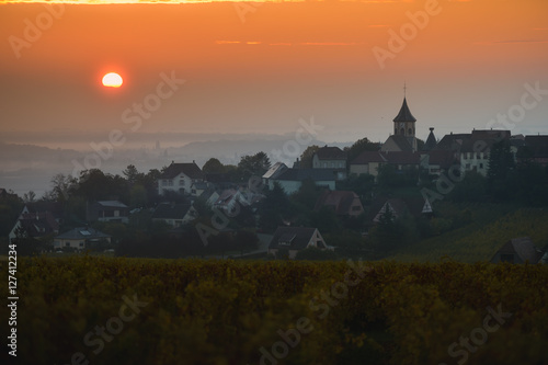 The Village of Zellenberg at sunrise Alsace vineyard  France
