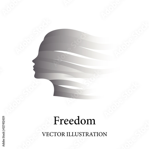 Freedom concept with female face consisted of grey ribbons in the wind