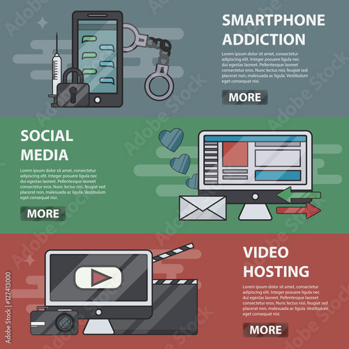 Vector thin line design horizontal banners of smartphone addiction, social media and video hosting. Business concept of lifestyle, social and internet communication, gadget addiction and messaging.