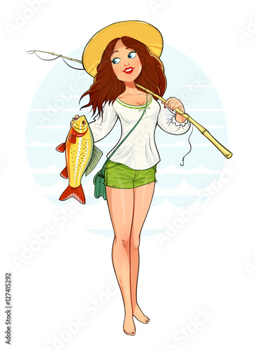 Beautiful fisher girl with fish and rod