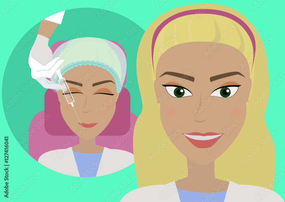 the result of cosmetic hyaluronic acid injection procedures on the lips. The cosmetician's client in the chair.