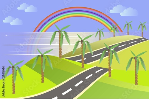 Sea coast with blue water, green hills, palms, grey road, rainbow, flat design vector illustration