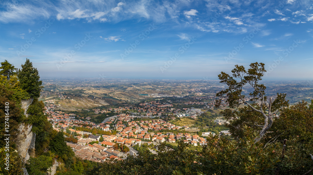 View of San Marino from Monte Titano, summer day, blue sky