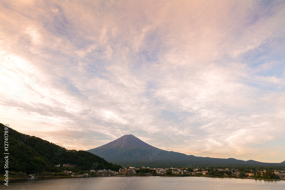 Mt. Fuji sunset in autumn at Lake Kawaguchiko in Yamanashi, Japan