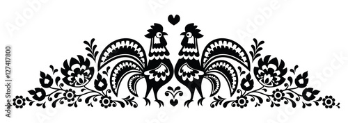 Polish floral folk art long embroidery pattern with roosters - Wzory Lowickie
