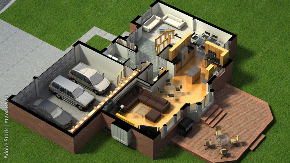 3D illustration of a furnished residential house isometric, with the first-floor plan, showing the living room, dining room, foyer, terrace and garage. 3D illustration of a furnished residential house isometric, with the first-floor plan, showing the living room, dining room, foyer, terrace and garage.
