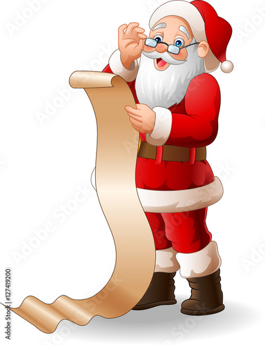 Santa Claus reading a long list of gifts
