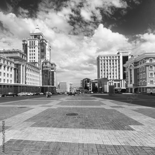 The city of Saransk in the summer. Republic Mordovia, Russia. Black-and-white image.