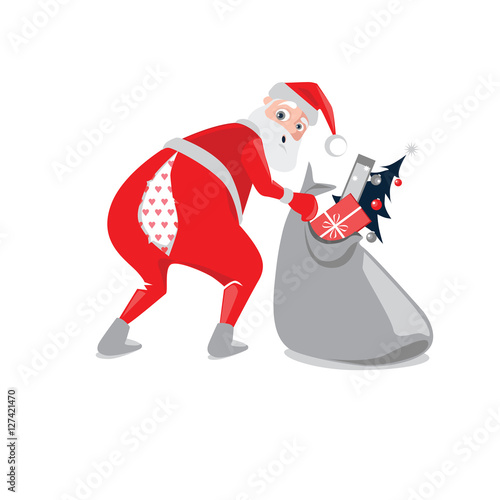 Funny Santa Claus with bursting pants trying to lift a heavy bag with gifts