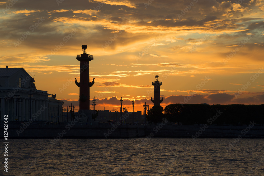 Gloomy sunset over the Spit of Vasilyevsky Island. St. Petersburg