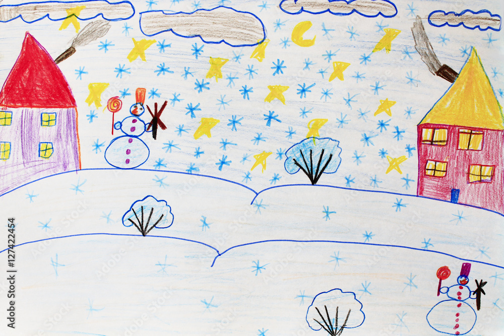 Naklejka premium Children's drawing of houses standing on the snowy hills and snowfall
