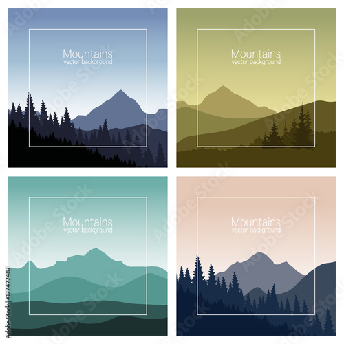 Mountains landscape set. Nature backgrounds in different colors. Vector illustration.