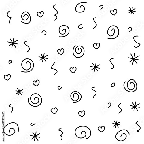 Geometric pattern with  stars, swirls and hearts. Holiday doodle Wallpaper. Hand drawn Festive party background.