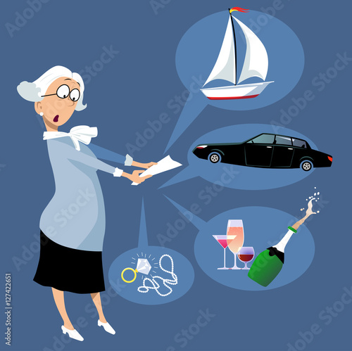 Shocked elderly woman looking at a financial statement listing luxury items purchasing as a result of a fraud, EPS 8 vector illustration