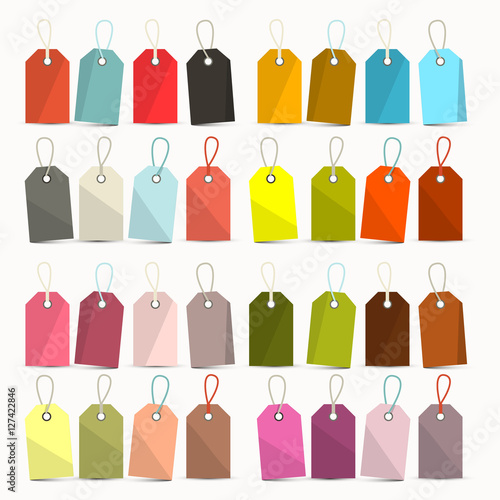 Tags. Colorful Retro Vector Paper Labels Set with Strings - Ropes Isolated on White Background.