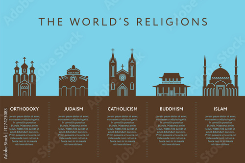 Temples of world different religions. Infographics. Religious buildings. Travel and landmarks. Template