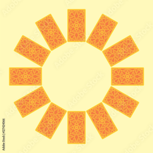 Tarot cards by reverse side laying in a circle. Zodiac spread
