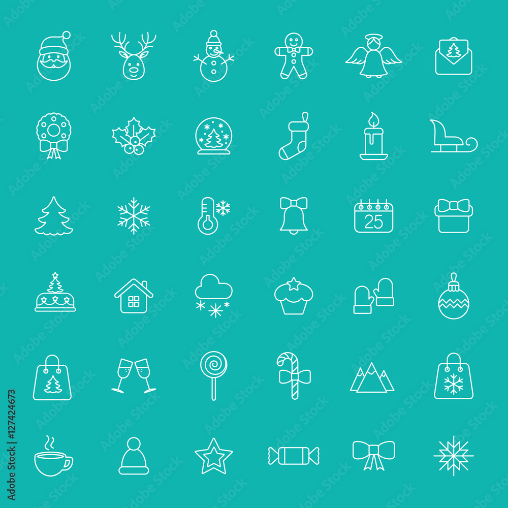 christmas xmas new year winter celebration decoration symbol vector outline thin line white on blue background icons set christmas xmas new year winter celebration decoration symbol vector outline thin line white on blue background icons set