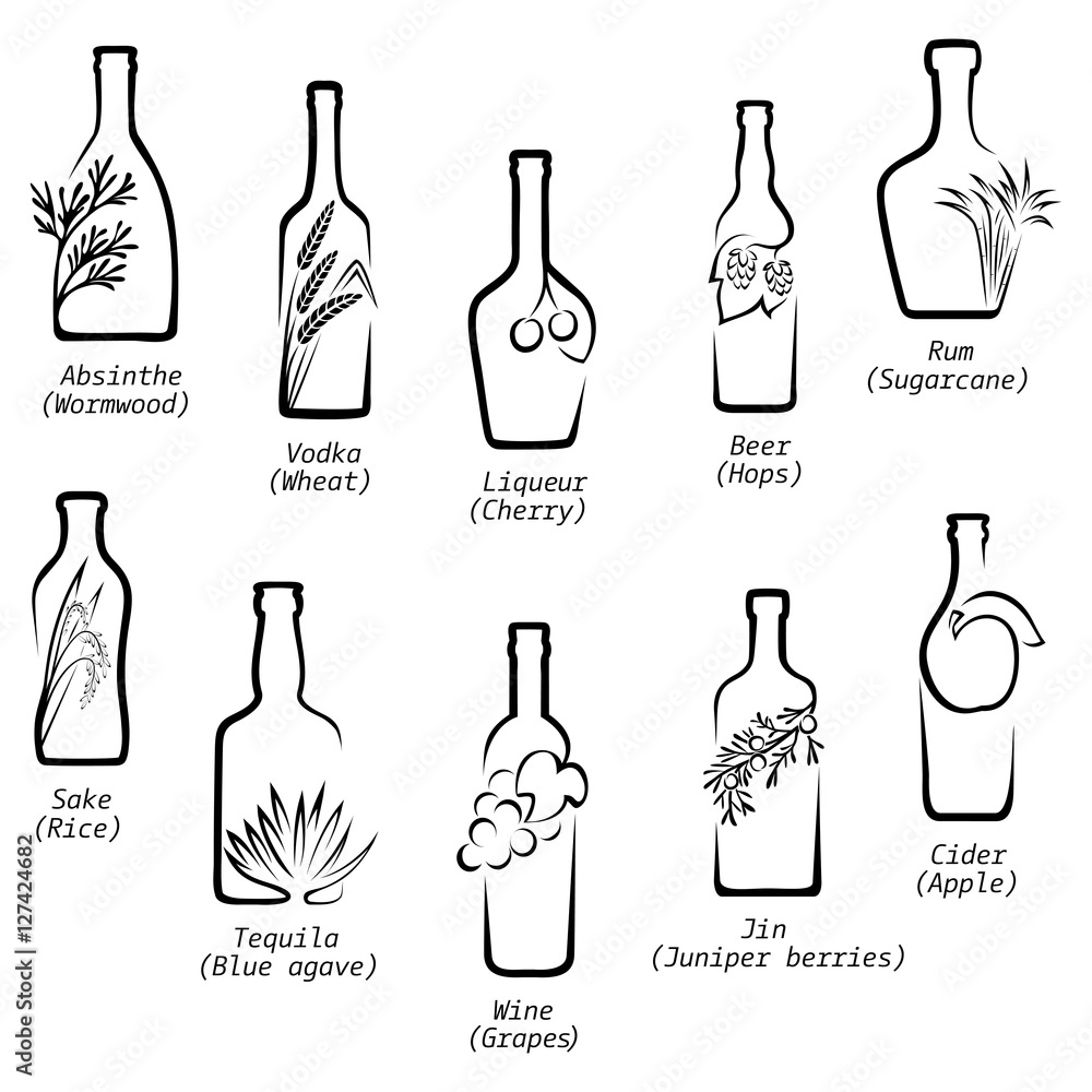 Conceptual icons of alcoholic beverages with the image of raw