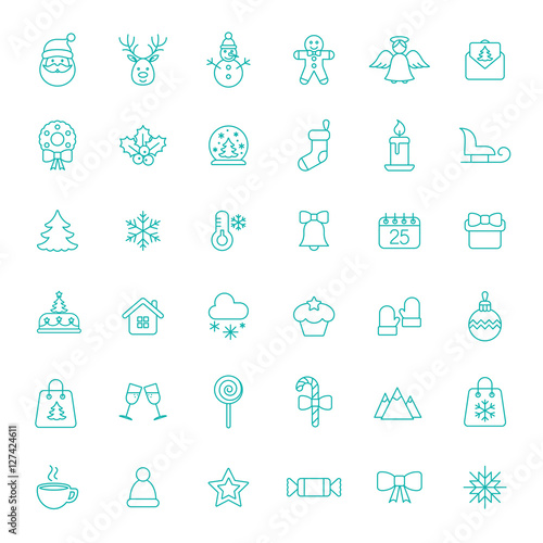 christmas xmas new year winter celebration decoration symbol vector outline thin line blue on white background icons set