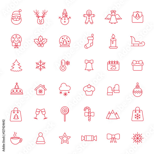 christmas xmas new year winter celebration decoration symbol vector outline thin line red on white background icons set