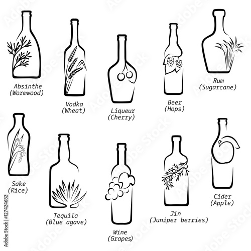 Conceptual icons of alcoholic beverages with the image of raw material from that they are produced with the names