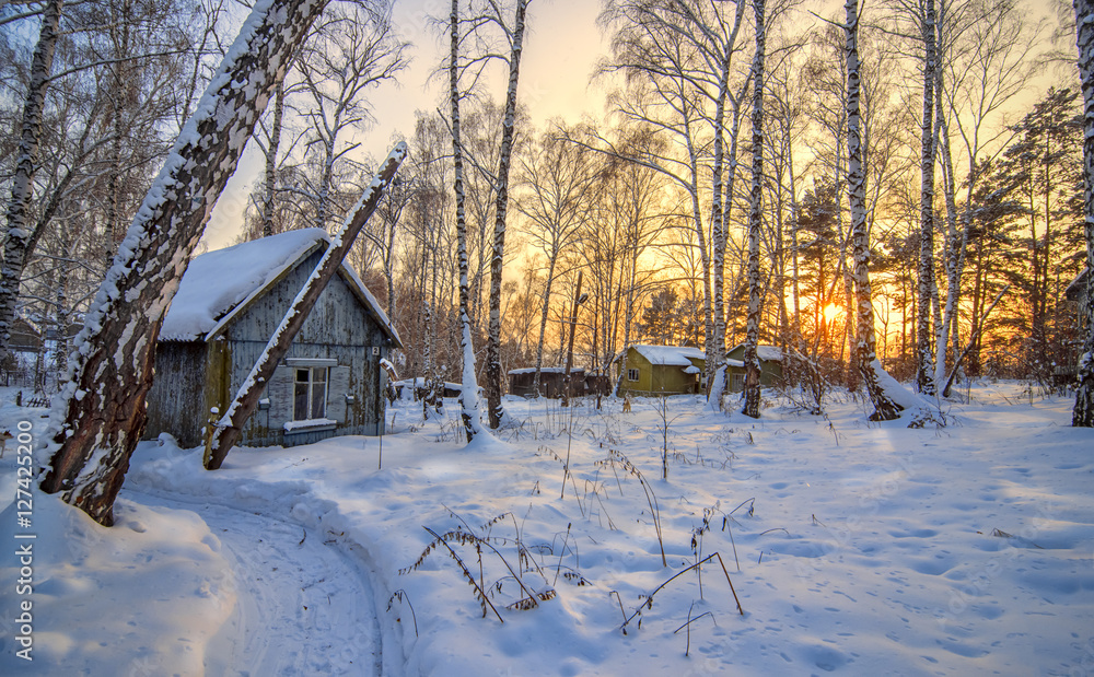 abandoned cabin in winter sunset in forest
