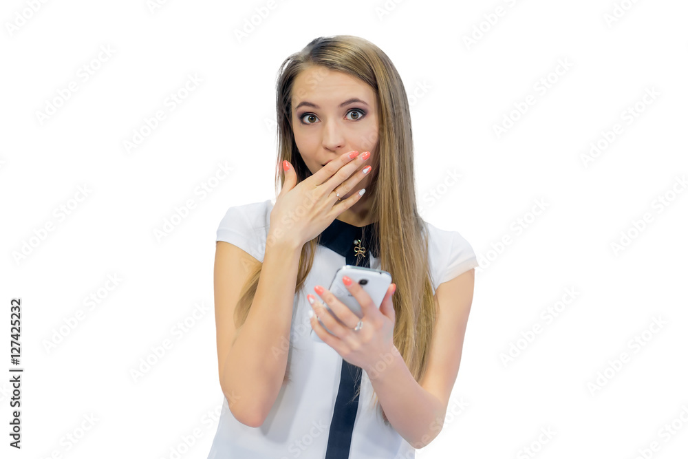 beautiful woman with a phone in his hand. Isolated on white background beautiful woman with a phone in his hand. Isolated on white background