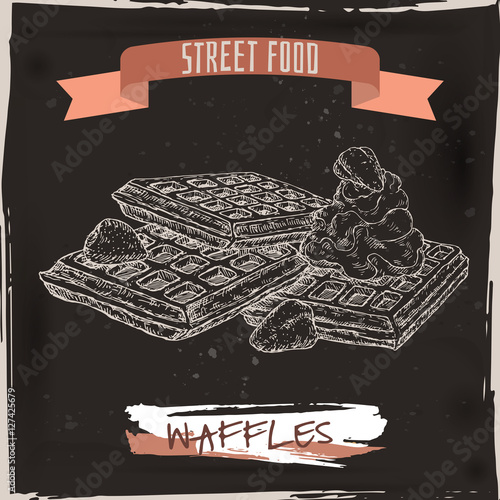 Belgian waffles with cream and strawberries sketch on black background.