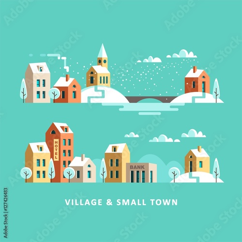 Village. Small town. Rural and urban winter landscape. Vector flat illustration.